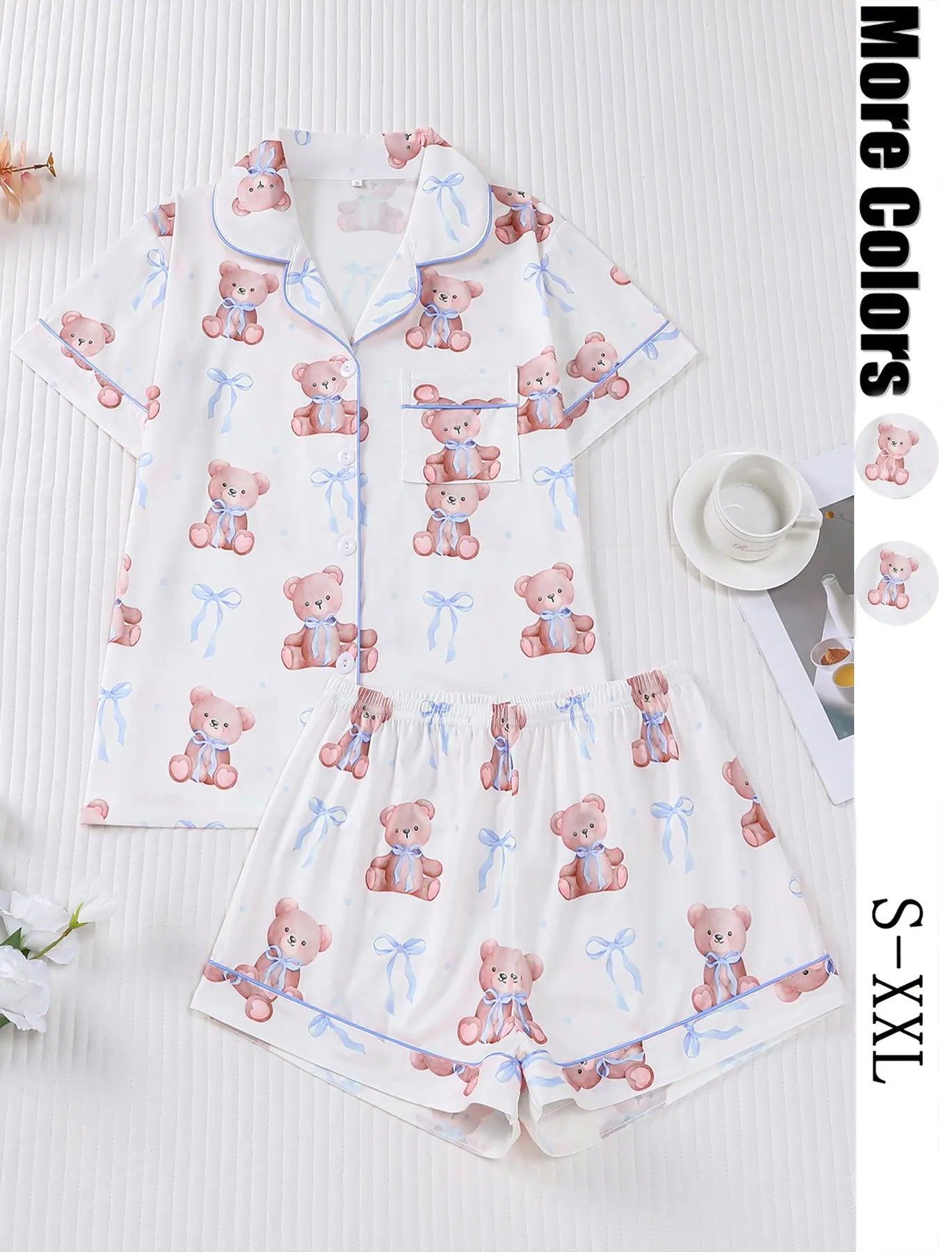 Women's Bear Print Knit Short Sleeve Top & Elastic Waist Shorts Pajama Set