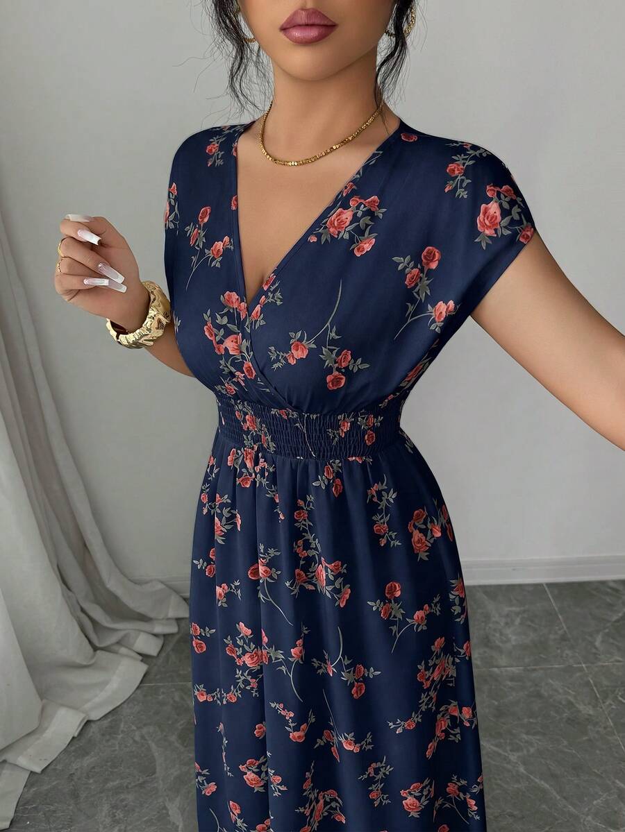 Elenzga Women V-Neck Allover Print Casual Long Dress