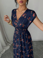 Elenzga Women V-Neck Allover Print Casual Long Dress