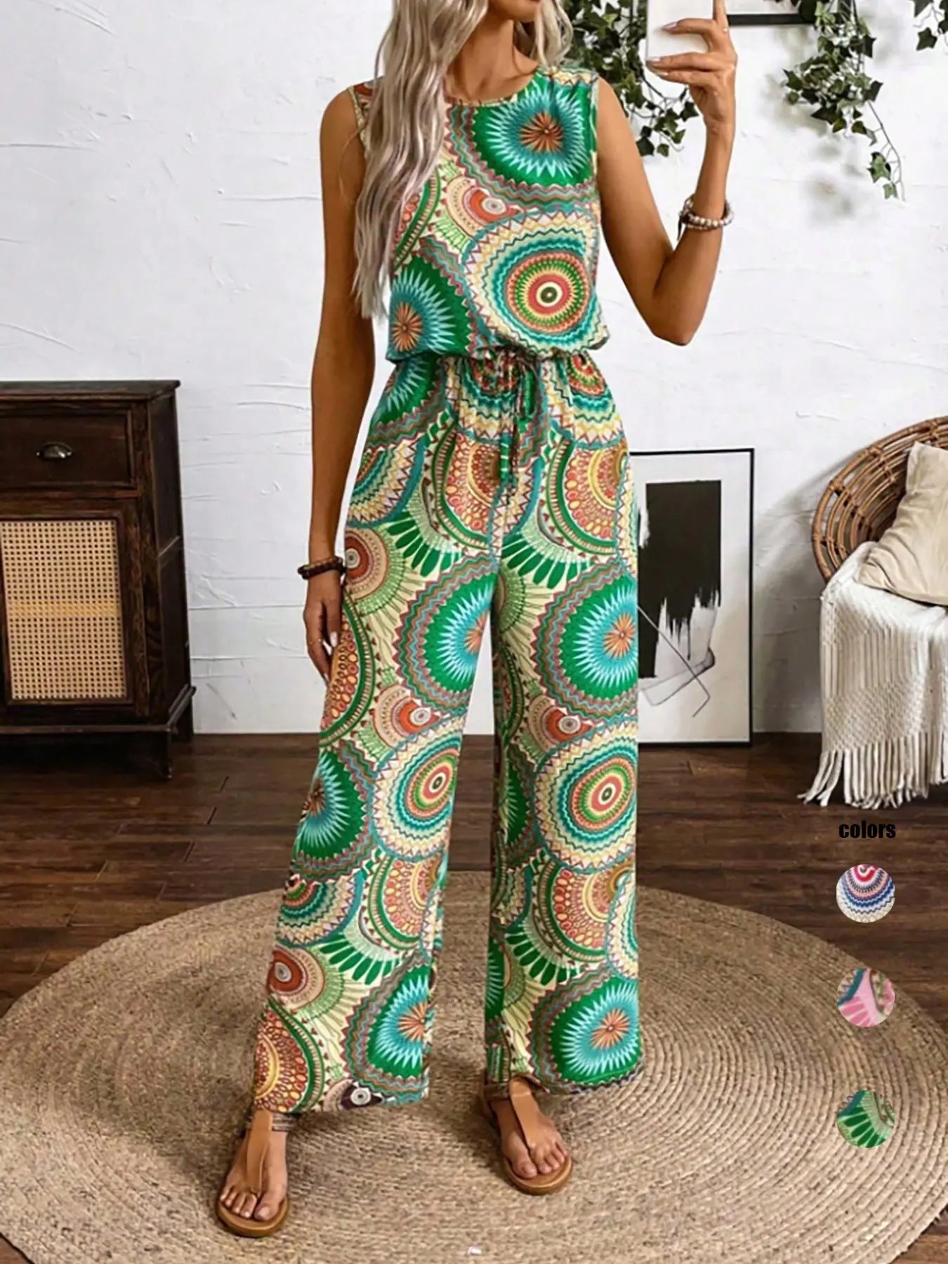 Women's Bohemian Style Sleeveless Jumpsuit, All over Print, Fitted, Casual, Round Neck, Wide Leg, Elastic Waist, Party & Vacation, Boho