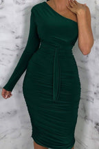 One Shoulder Ruched Slinky Midi Dress