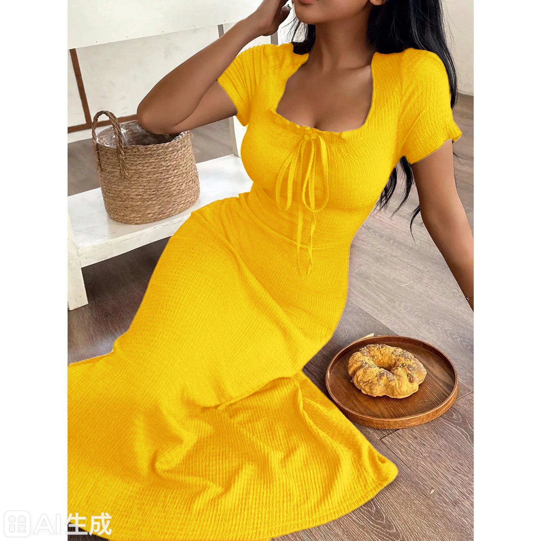 Women's Casual Solid Color Jacquard Gathered Ruffle Trim Square Neck Maxi Loungewear Dress Brown Dress Lounge Dress Summer Dress Tie Front Dress Midi Dress