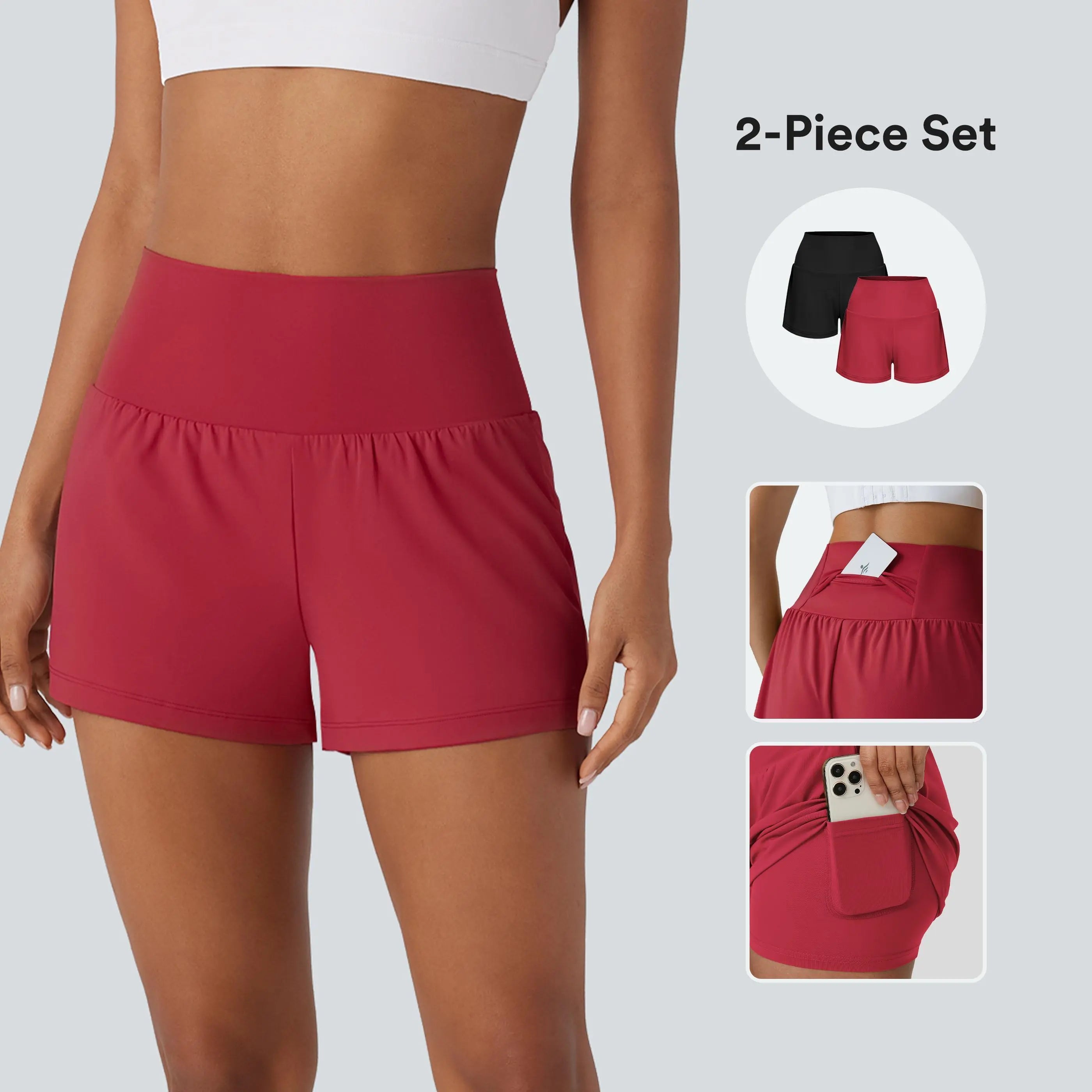 2-Piece Super High Waisted Back Pocket & Side Hidden Pocket 2-in-1 Yoga Shorts 3" Set