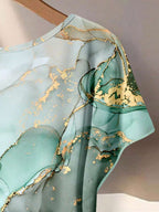 Women's Aqua Blue Summer Casual Vacation Holiday 2 Pieces Set,Abstract Floral Pattern Shirt With Tie Bow & Loose Straight Leg Pants,Vintage Style