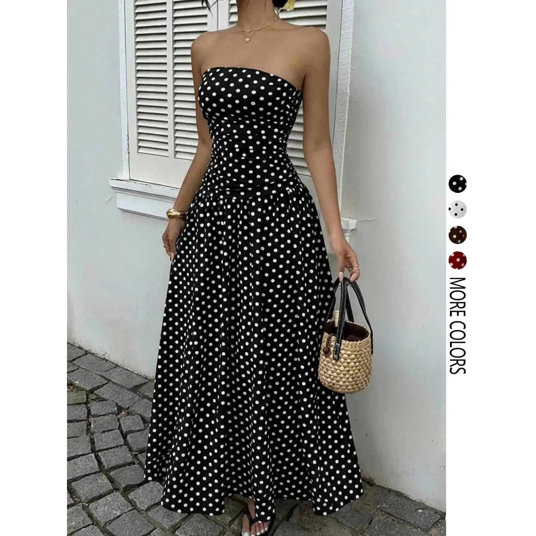 Women's Elegant Chic Fashion Polka Dot Strapless Dress, Stylish Sleeveless Maxi Dress for Parties and Casual Wear