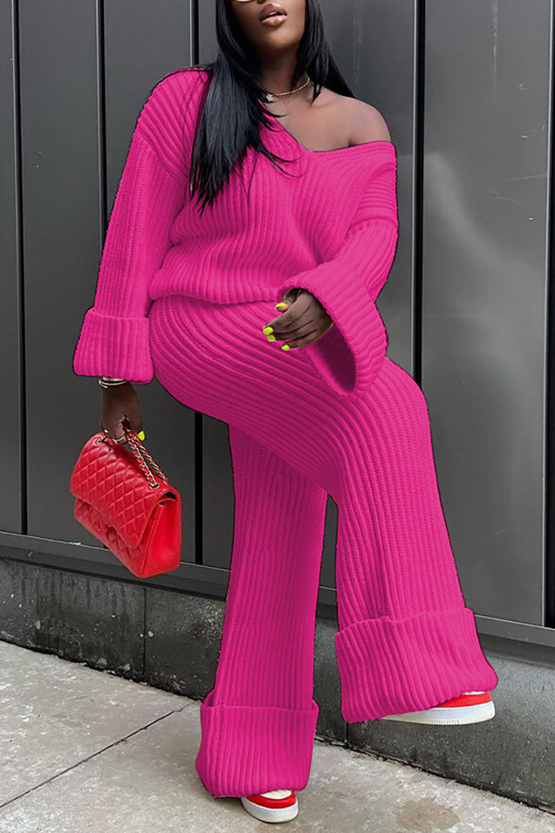 Pleated Knit Off Shoulder Long Sleeve Sweater Straight Leg Pants Matching Set-White