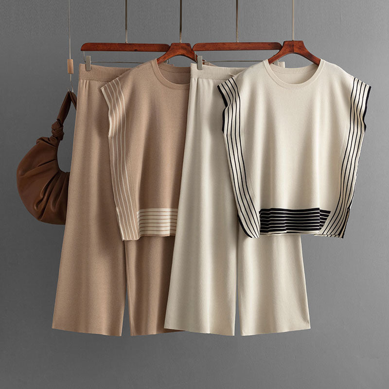 Stylish Striped Patchwork Solid Color Sleeveless Top & High Waist Pants Two-Piece Set