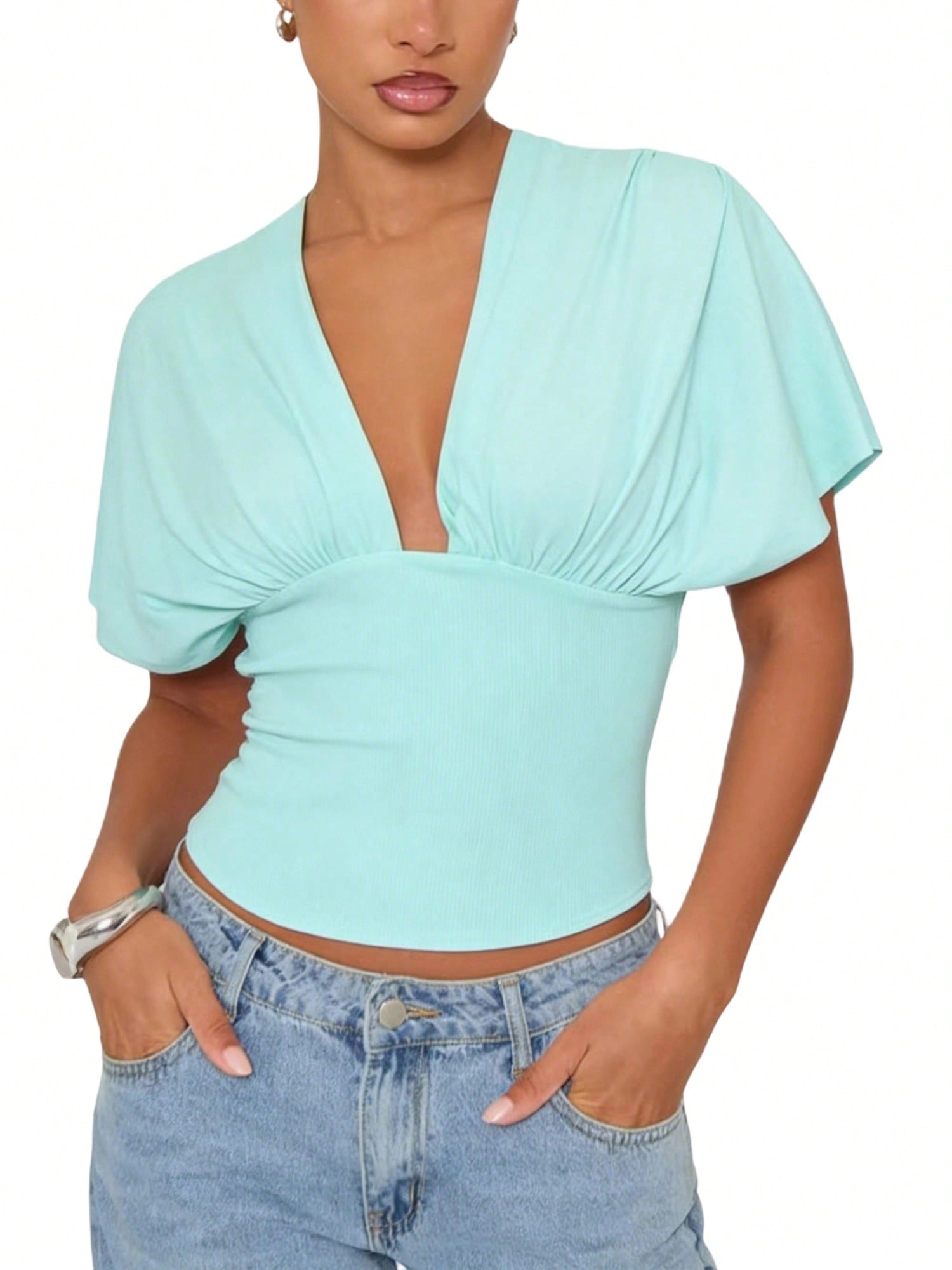 Women's Solid Deep V-Neck Flutter Sleeve Crop Tops Ruched Backless Tie Knot Bodycon Blouse Top