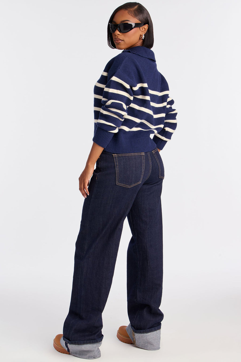 Stripes And Lines Quarter Zip Sweater - Navy/combo
