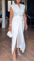 Women V-neck Solid Color Casual Dress with Temperament