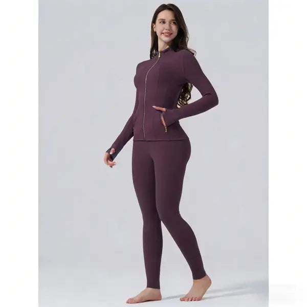 【Golden Zipper】Soft Brushed Women's Sport | Yoga | Quick-dry | Workout Jacket & High Waisted Cropped Leggings. Golden Zipper Jacket with Pockets, Yoga Pants, Thumbholes Design, Casual Slim fit Wear for Women