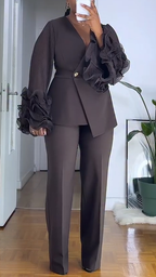 Women V-neck Ruffled Bubble Sleeve Jacket+ Pants Solid Color Temperament Commuting Set