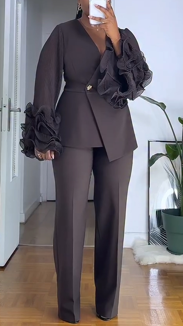Women V-neck Ruffled Bubble Sleeve Jacket+ Pants Solid Color Temperament Commuting Set