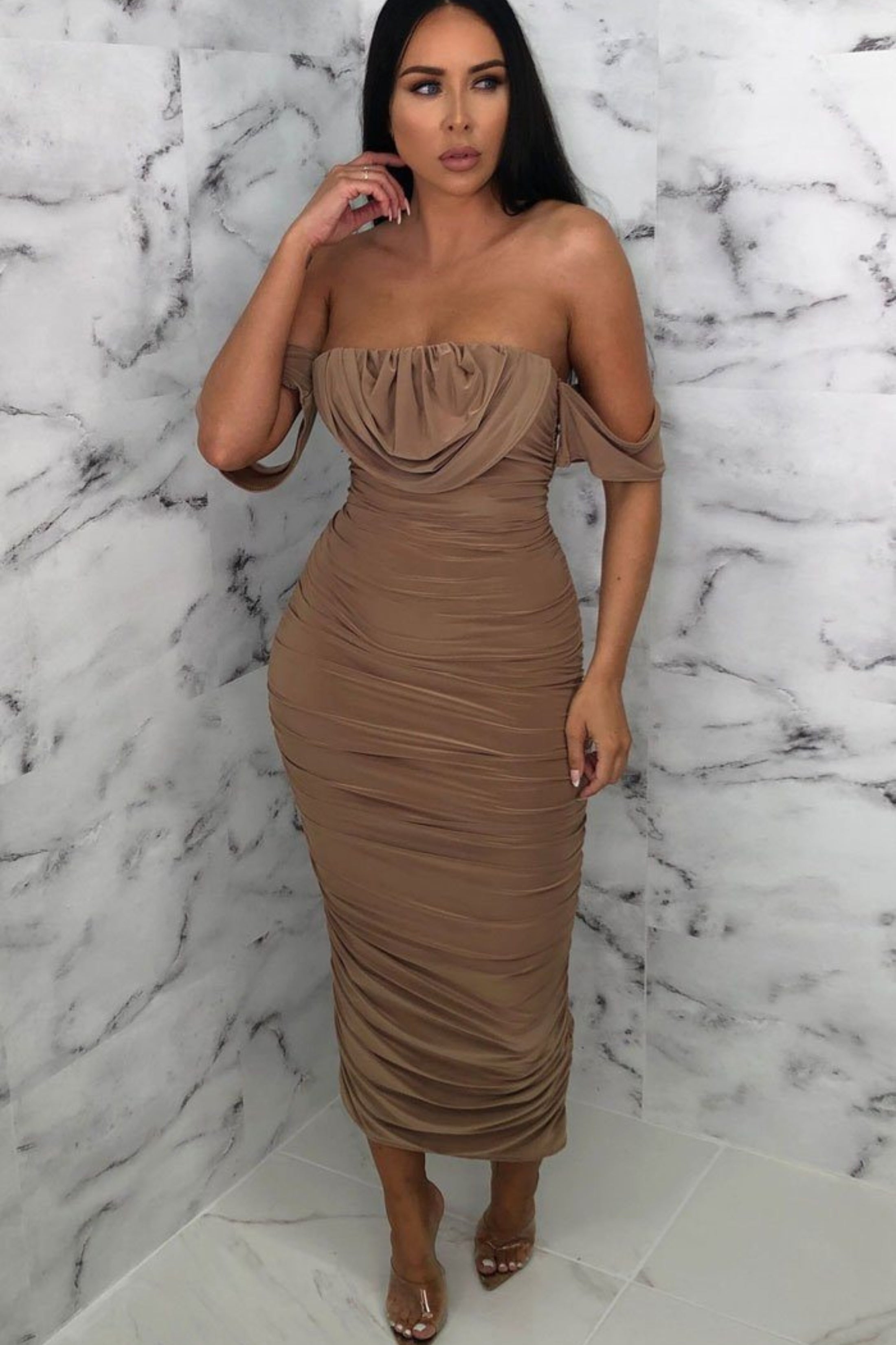 Bardot Cowl Neck Ruched Midi Dress