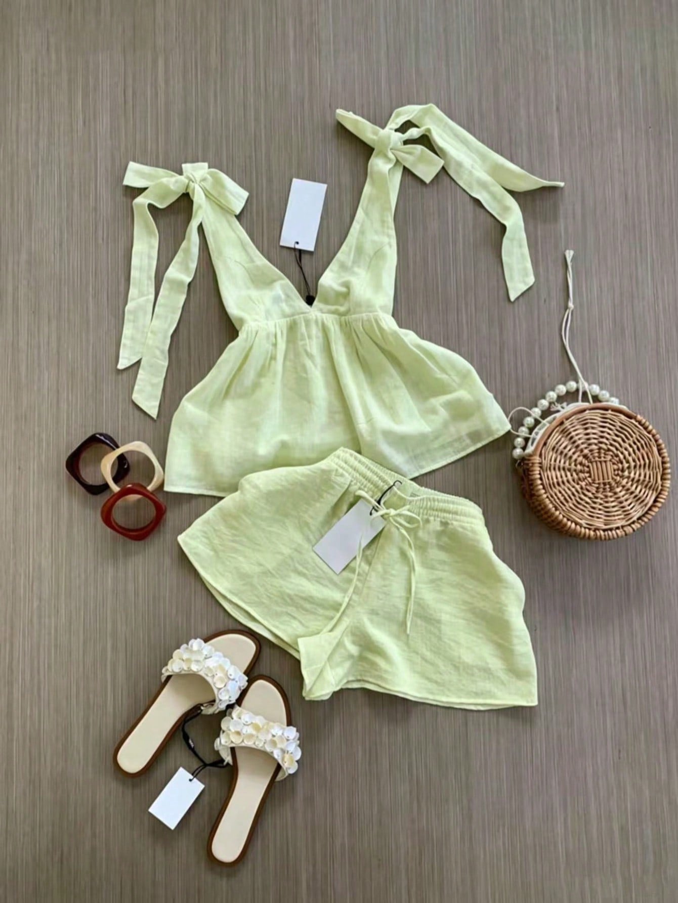 Spring/Summer Women's Fashion Set, Sleeveless Top With Elegant Tie Design, Strappy Shorts Vacation Set, Daily Casual Wear