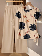 Women's Purple Floral Contrast Color Tie Bow Blouse And Straight Leg Loose Pants 2 Pieces Set,Casual Vacation Summer