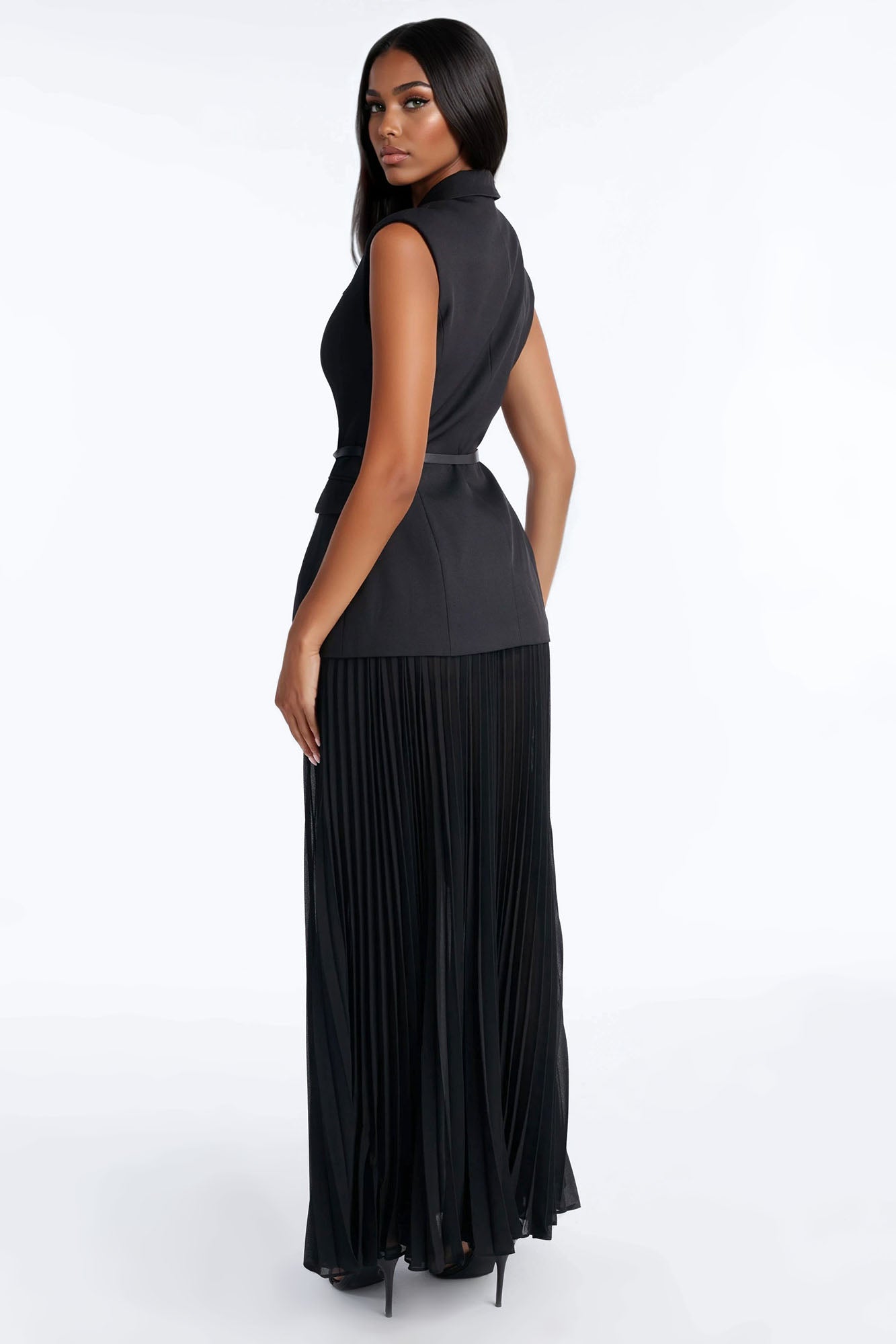 Aria Belted Blazer Pleated Maxi Skirt Set - Black