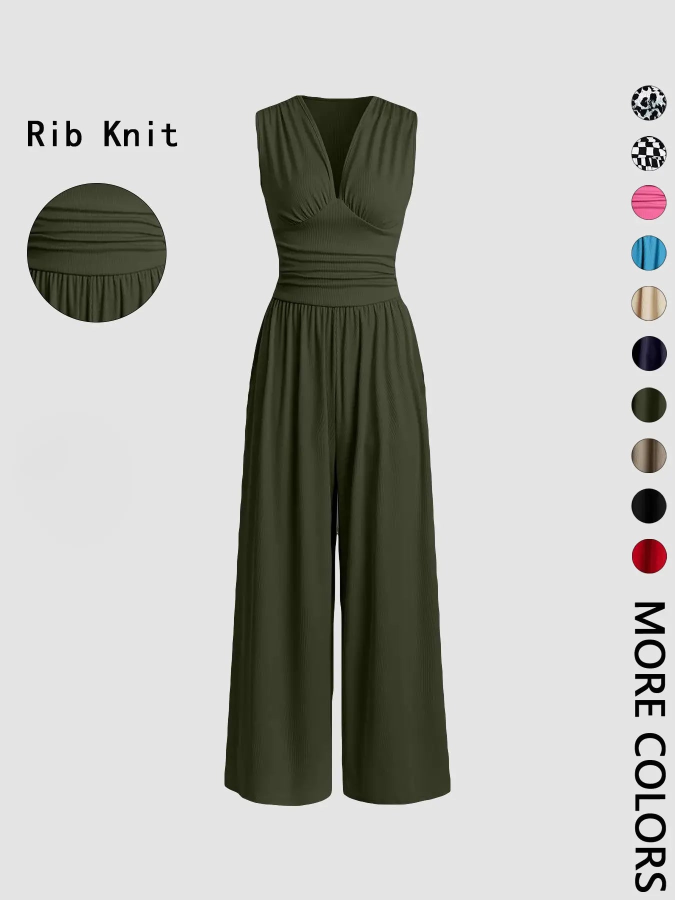 Women's Plain Ruched Deep V Neck Wide Leg Jumpsuit, Casual Sleeveless Ribbed Jumpsuit for Daily Wear, Ladies Clothes for All Seasons, Womenswear Basic Minimalist