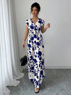 Elenzga Women V-Neck Allover Print Casual Long Dress