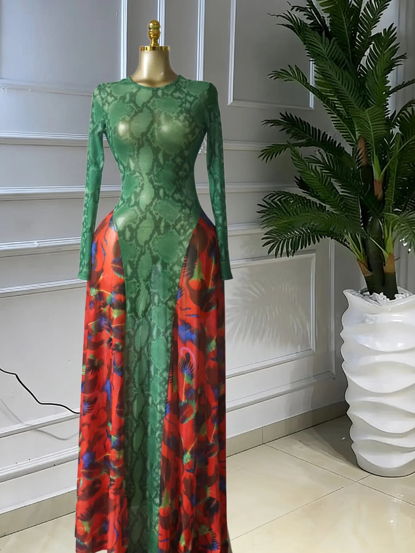 Elegant Chic Women's O-neck Long Sleeve Big Swing A-line Formal Prom Dress, Evening Formal Wear, Sexy Party Outfit Evening Gown, Street Beach Summer Vacation Maxi Sheer Print Dress, Female Fashion Music Festival Dress,Lady Cocktail Skirt