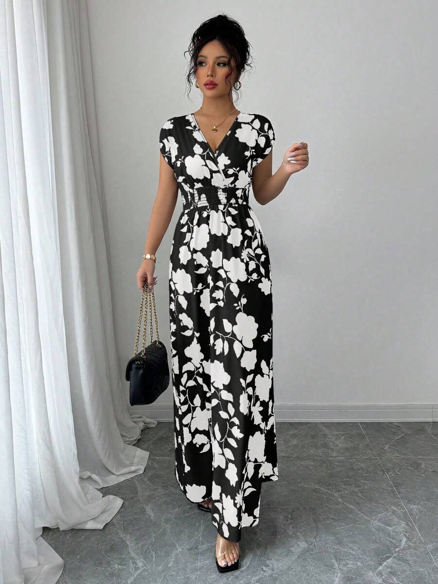 Elenzga Women V-Neck Allover Print Casual Long Dress