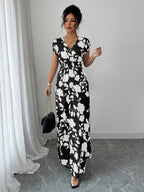Elenzga Women V-Neck Allover Print Casual Long Dress