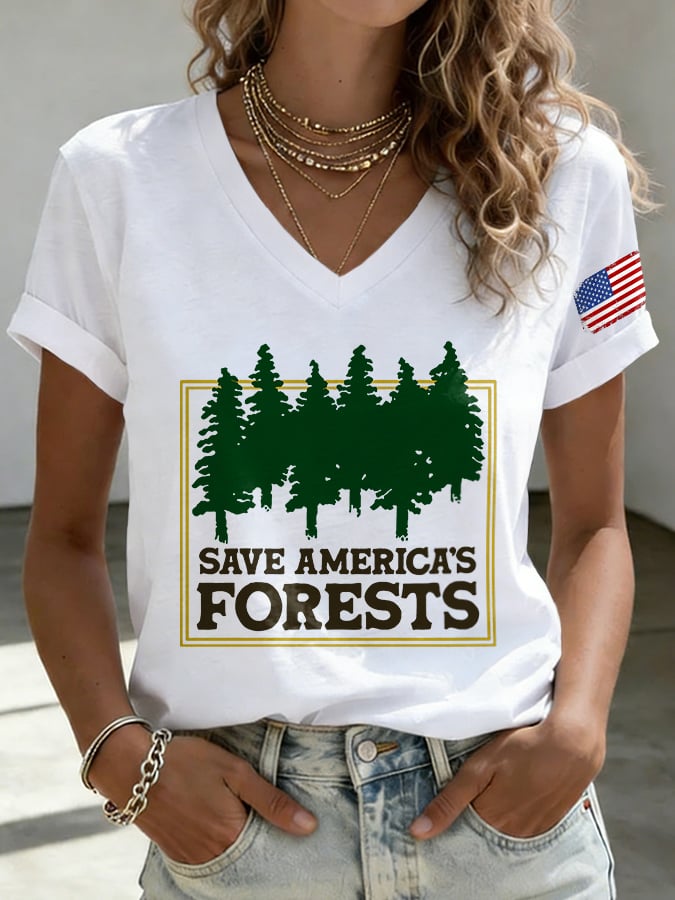 V-Neck Retro Save America's Forests Print T-Shirt