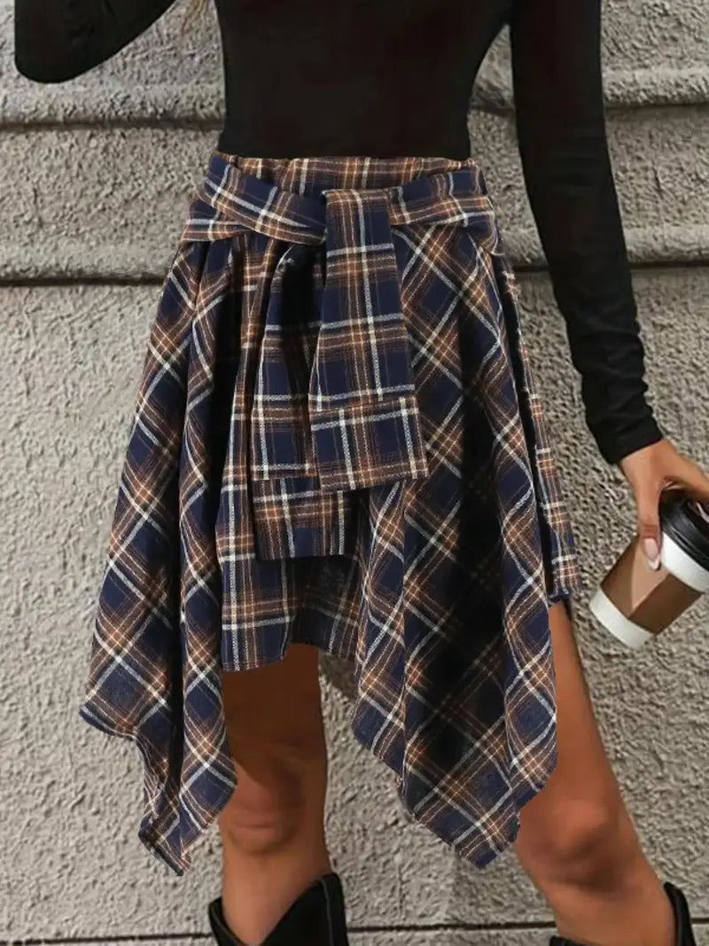Women's Fashion Woven Plaid Print Asymmetrical Hem High Waisted Skirt