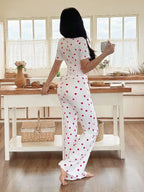 Women's Heart Print Short Sleeve Sleepwear Set, Breathable Fabric, Soft and Comfortable, Indoor Outdoor Wear, Casual Home Clothes Two-Piece Pajama Set Loungewear