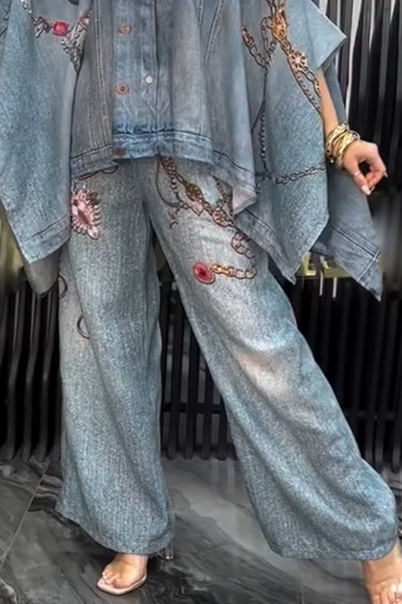 Womens Collar Patchwork Denim Print Jacket and Jeans