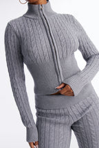 Caroline Mock Neck Cable Sweater Pant Set - Heather Grey