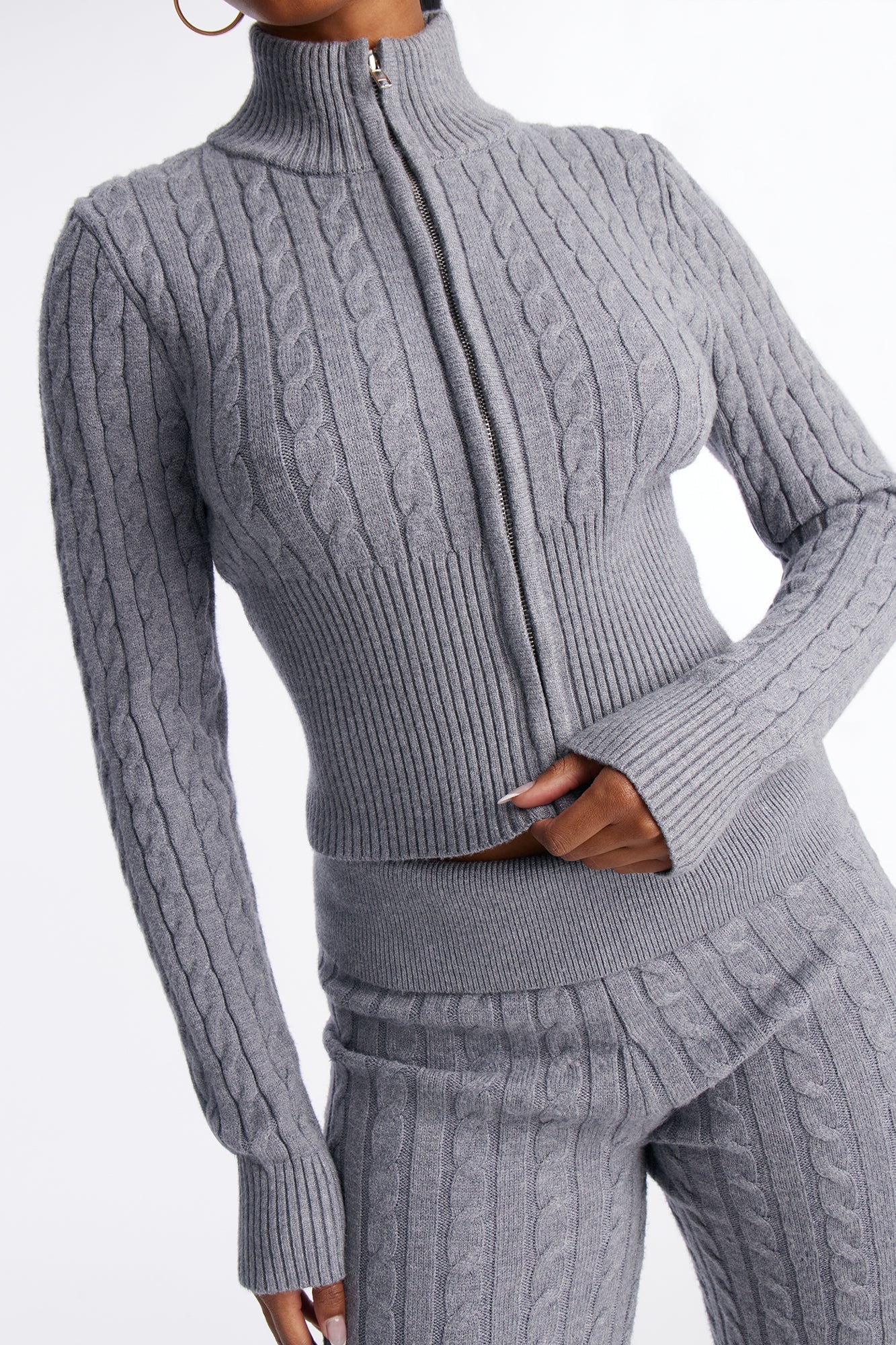 Caroline Mock Neck Cable Sweater Pant Set - Heather Grey