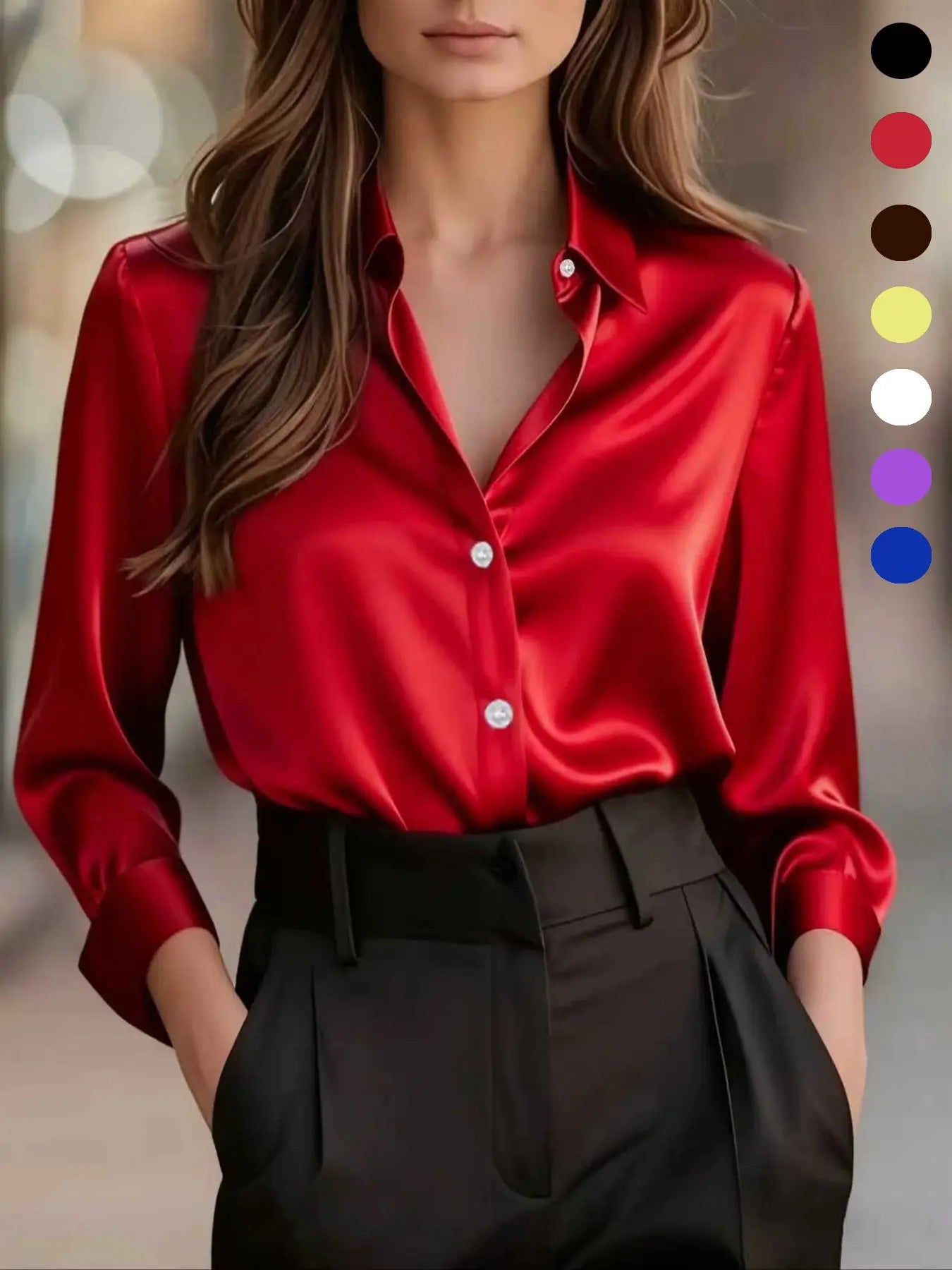 Women's Versatile Satin Long-sleeved Fitted Shirt Blouse for Commuting