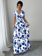 Elenzga Women V-Neck Allover Print Casual Long Dress