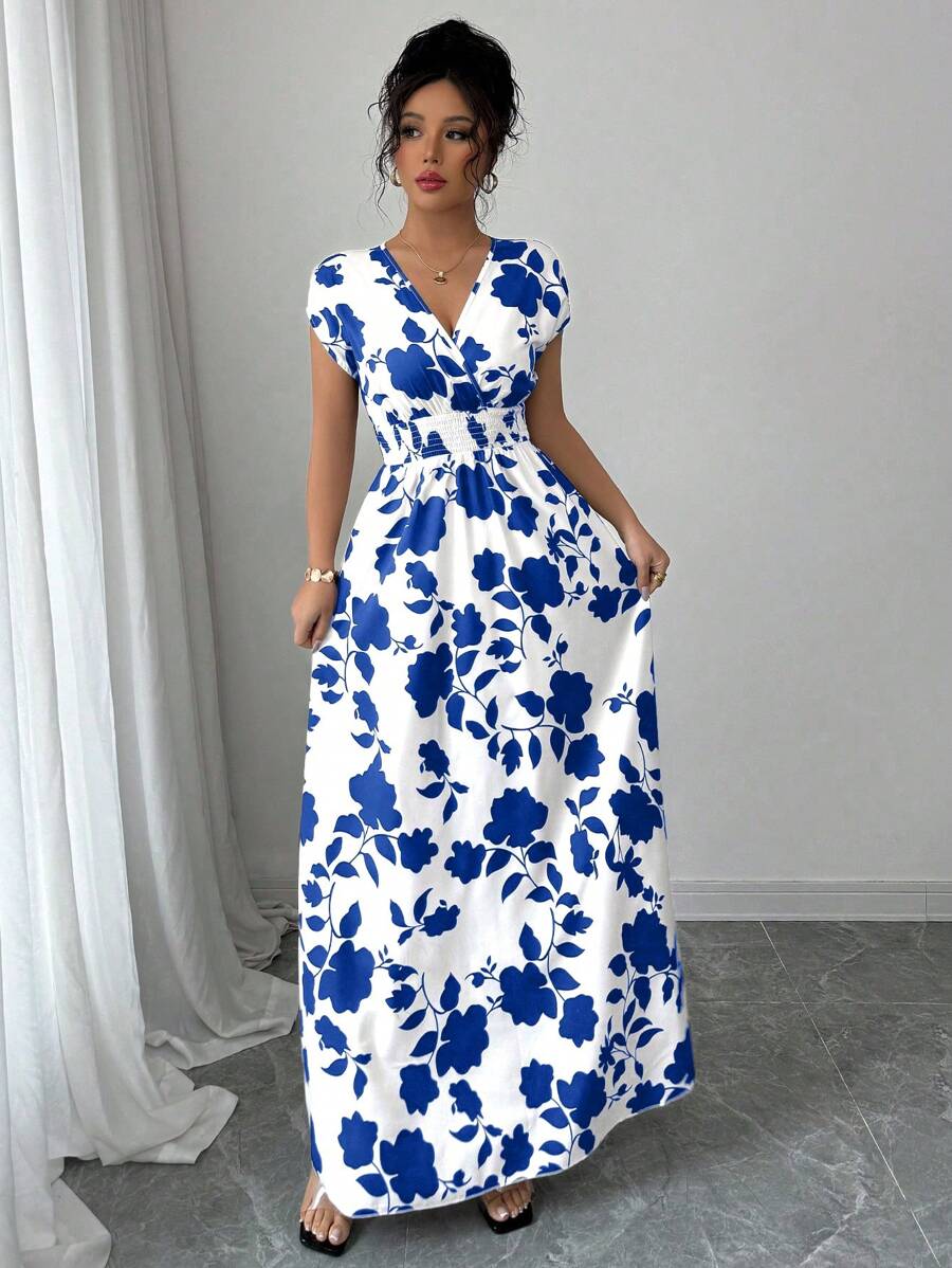 Elenzga Women V-Neck Allover Print Casual Long Dress