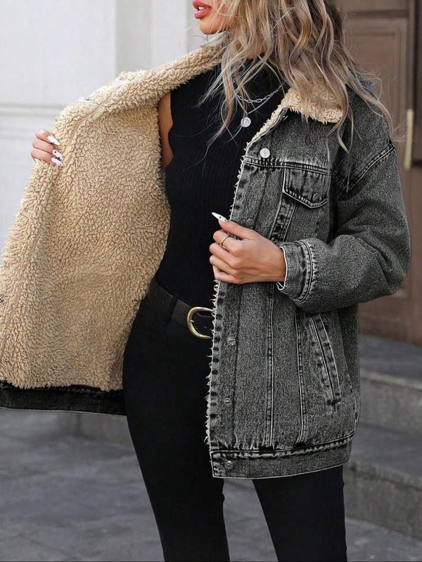 Women's Fall Winter Casual Fashion Jacket, Elegant Solid Color Stand Collar Thickened Warm Denim Coat, Versatile Outerwear for Women