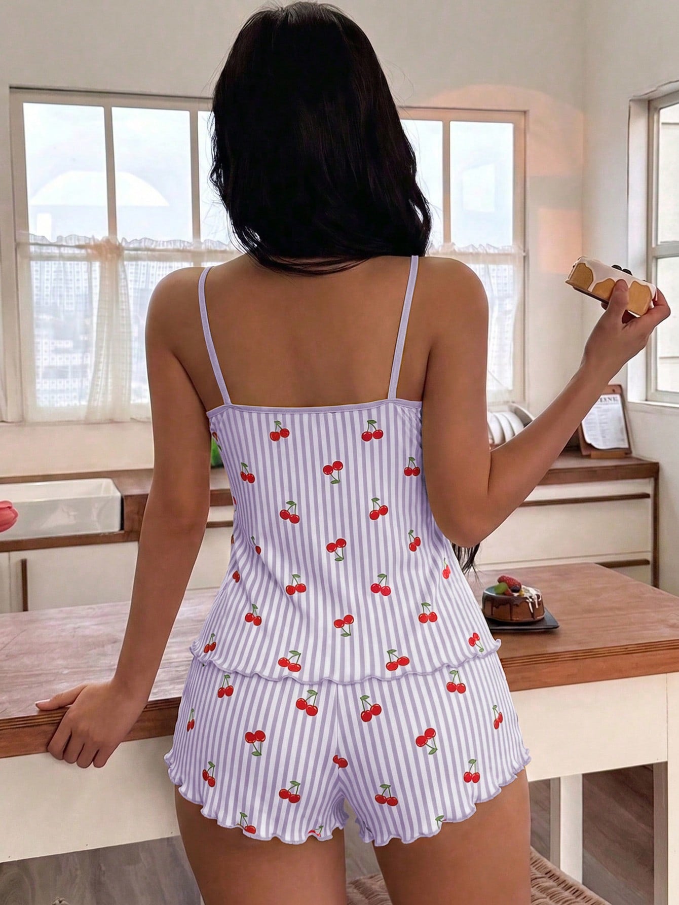 Softscene Women's Striped Cherry Print Camisole & Shorts Pajama Set