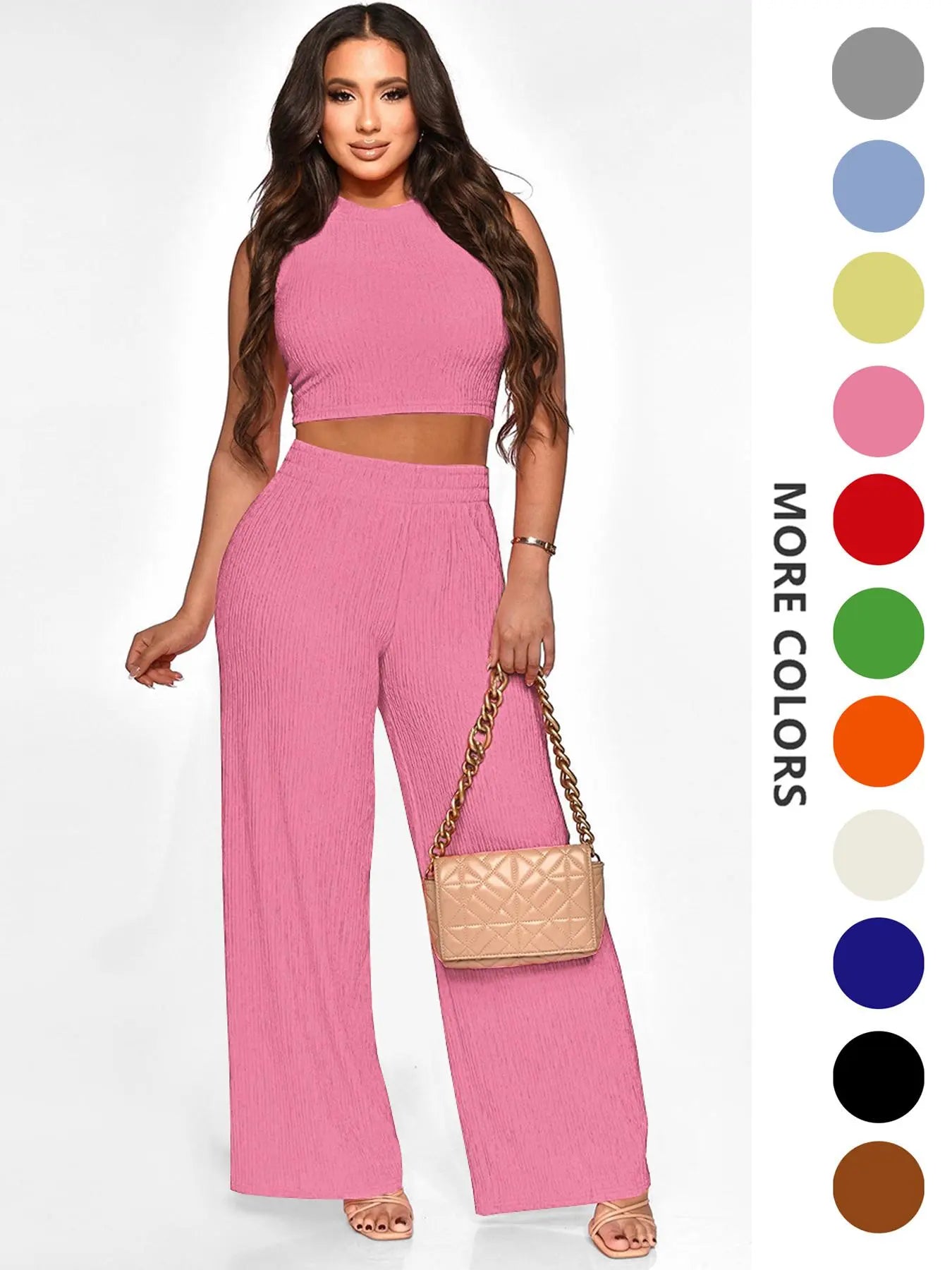 Two-Piece Set Women's Solid Textured Knit Fabric Co-ord Set Suits, Casual Round Neck Crop Tank Top & High Waist Wide Leg Pants Set, Ladies Summer Fit Clothes for Daily Wear, Womenswear
