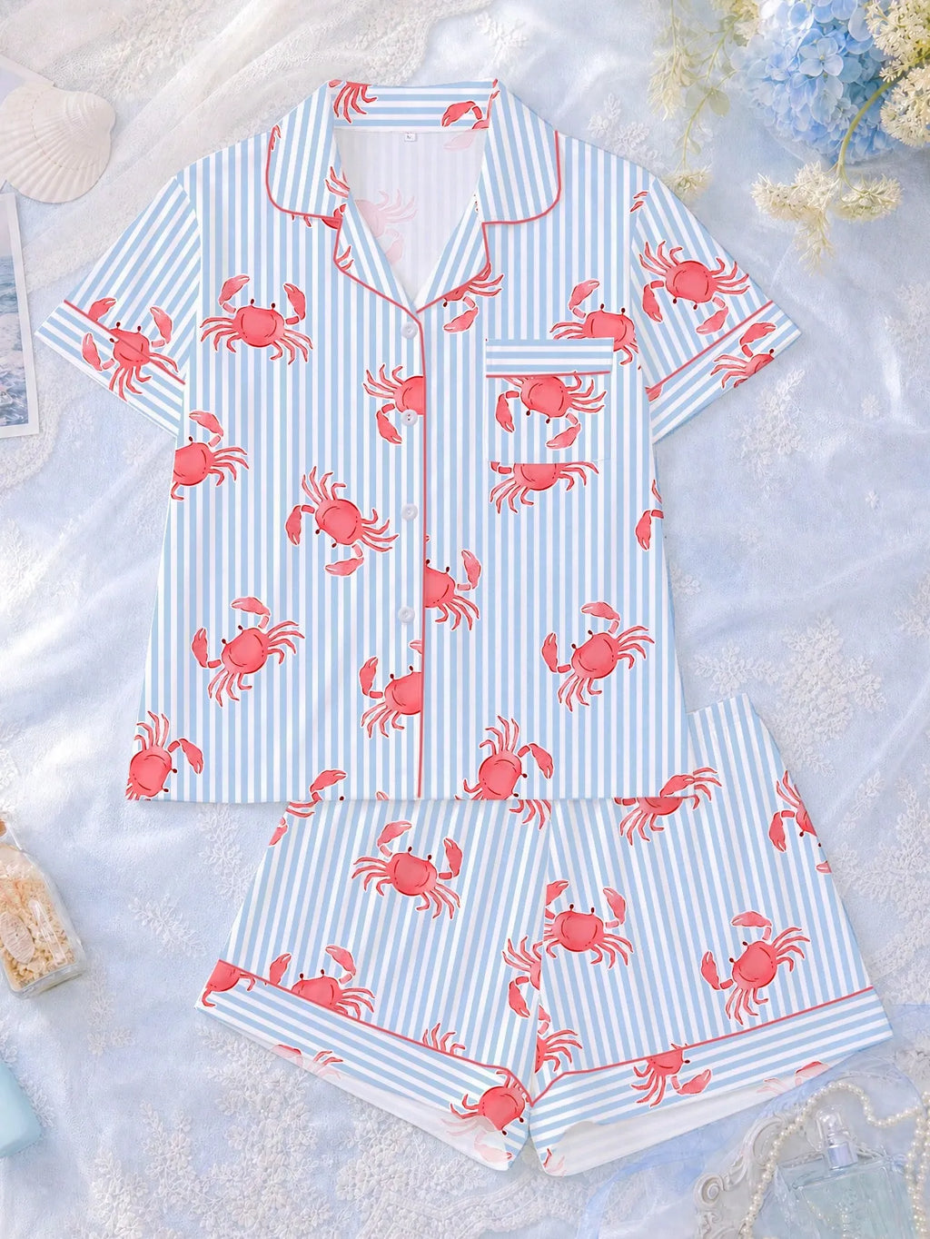 2pcs Women's Pajama Set, Striped Crab Print, Women's Loungewear, Spring/Summer Holiday Outfit, Short Sleeve Lapel Top And Shorts Set Suitable For Outdoor Wear