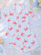 2pcs Women's Pajama Set, Striped Crab Print, Women's Loungewear, Spring/Summer Holiday Outfit, Short Sleeve Lapel Top And Shorts Set Suitable For Outdoor Wear