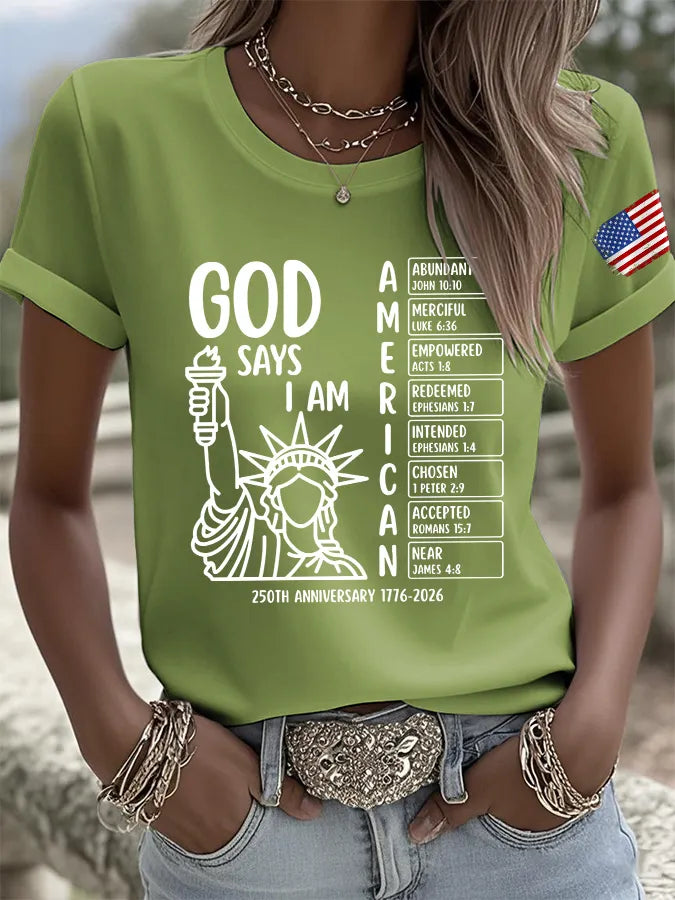 Retro God Says I Am American 250th Anniversary Print T-Shirt