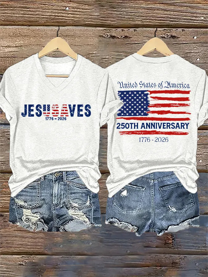 V-Neck Retro Jesus Saves America 250th Anniversary 1776-2026 Print T-Shirt