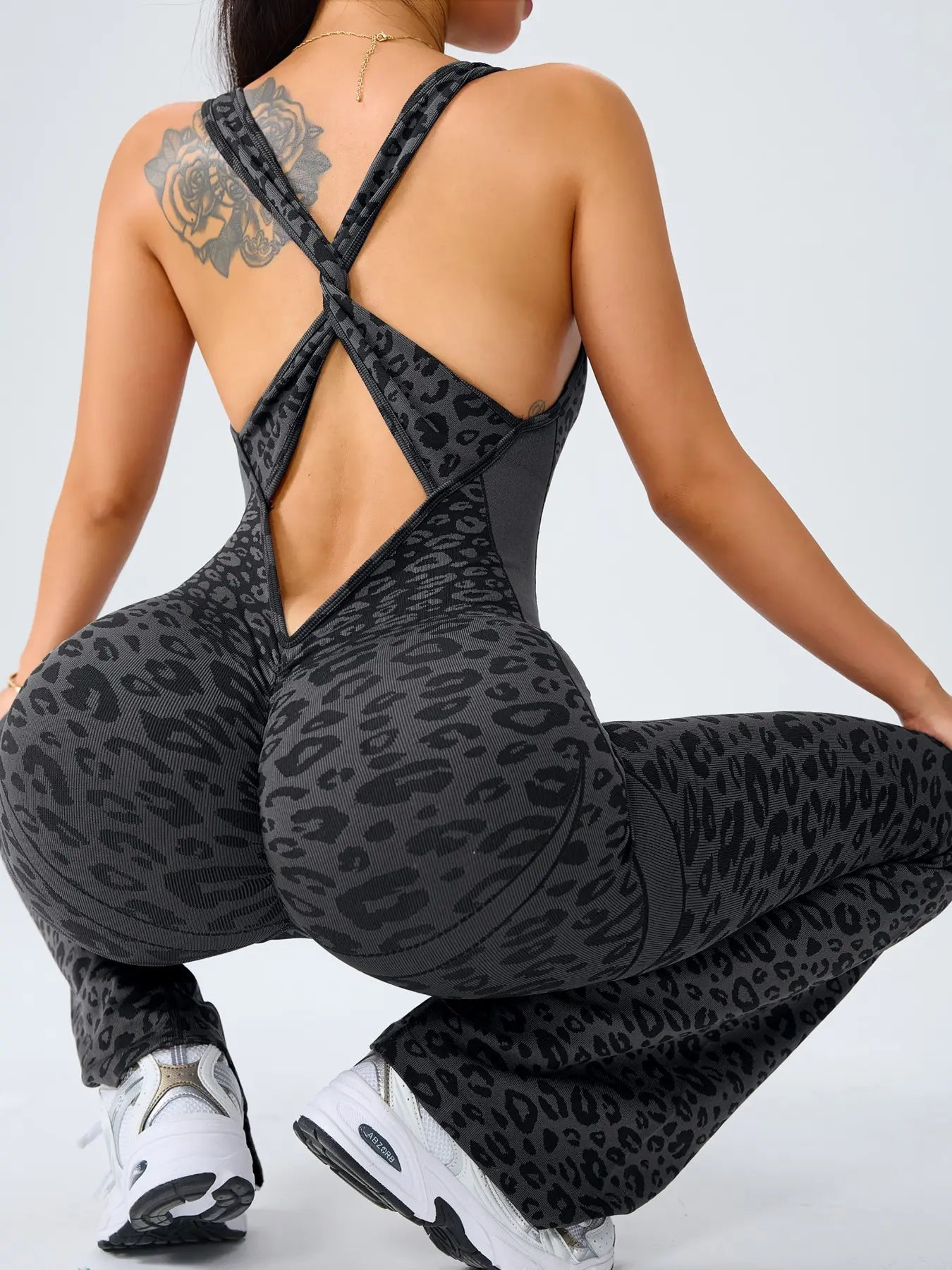 Women's Leopard Print Yoga Jumpsuit - Cross Strap, Slim Fit