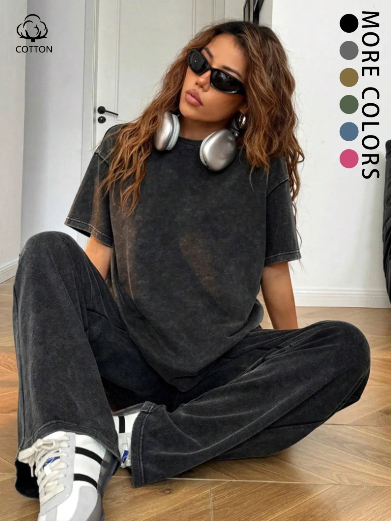 Women's Casual Loose Fit Acid Washed Cotton Short Sleeve T-Shirt and Long Pants Two-Piece Set, All Seasons, Plain Style
