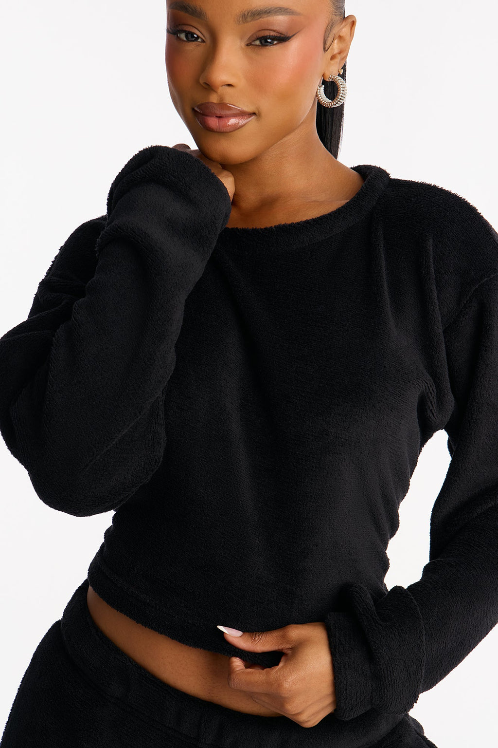 Keep You Cozy Plush Crew Neck PJ Jogger Set - Black