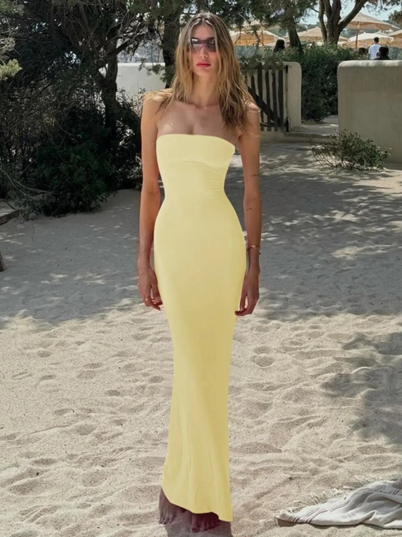 Women's Solid Backless Lace Up Tie Back Bodycon Dress, Elegant Fashion Maxi Tube Dress for Party Club Dating Wear, Ladies Dress for Summer, Strapless Prom Dress