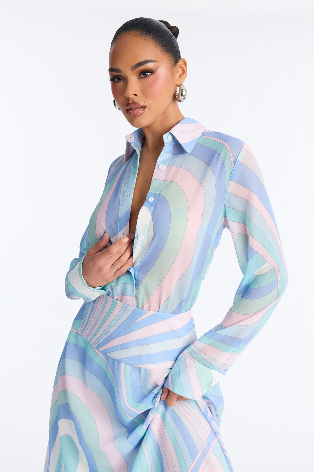 Gianna Button Up Chiffon Maxi Dress - Blue/combo