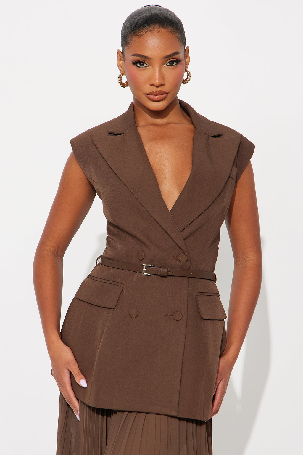 Aria Belted Blazer Pleated Maxi Skirt Set - Black