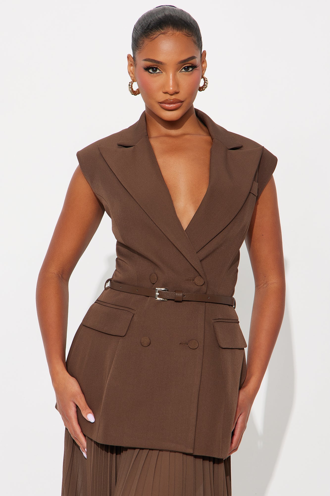 Aria Belted Blazer Pleated Maxi Skirt Set - Black