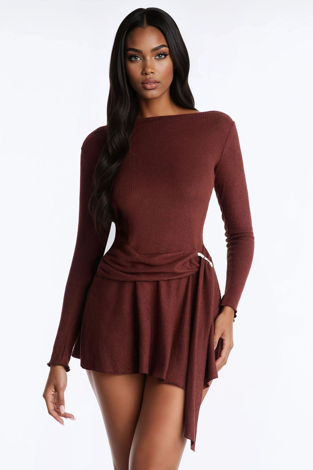 Priscilla Belted Sweater Mini Dress - Brown